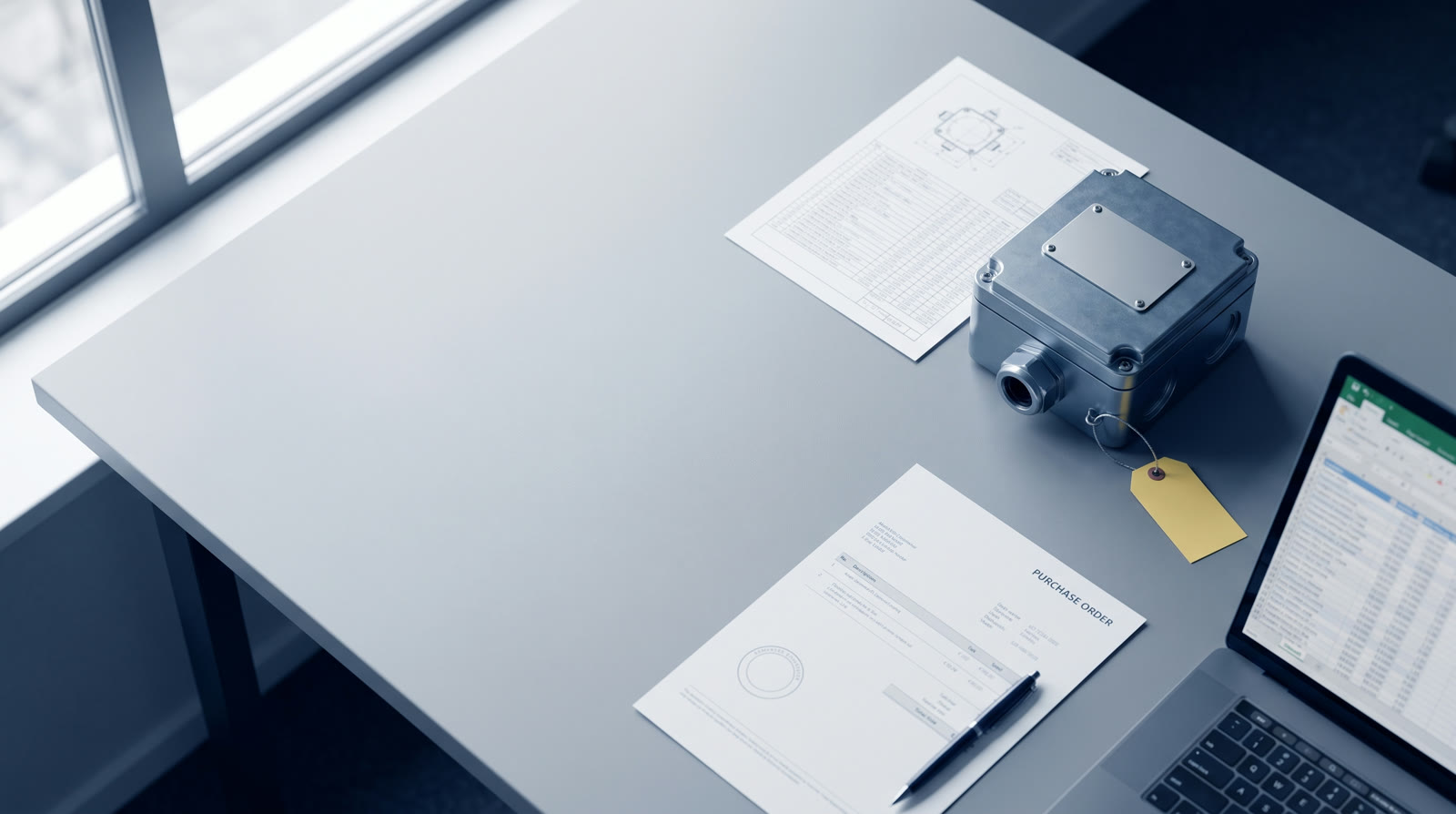 A certified explosion-proof junction box on a procurement desk beside its technical datasheet and a purchase order, ready for the product and documentation check
