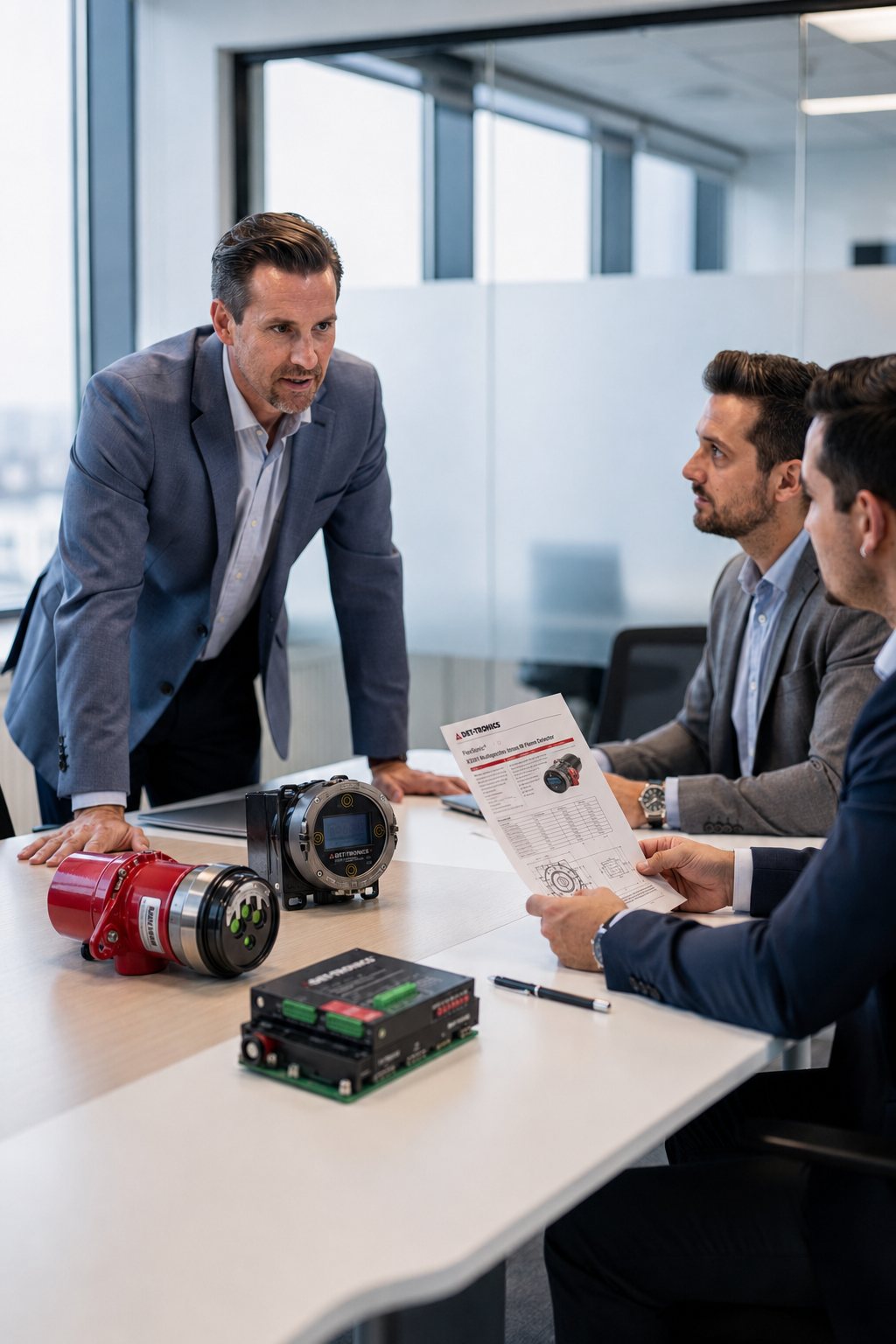 Procurement specialists in a meeting reviewing a flame detector datasheet, with detection and safety equipment on the table