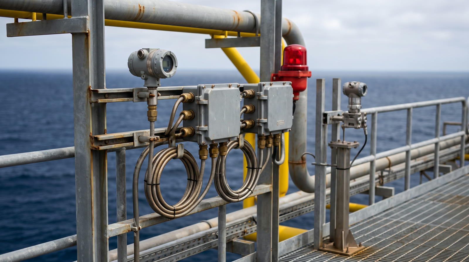 Hazardous-area instrumentation installed on an offshore platform pipe rack: a gas detector, explosion-proof junction boxes with armoured cables, an alarm beacon and a pressure transmitter, with the open sea beyond